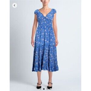 Iconique Women's Blue Floral Midi Polysilk Sun Dress SZ L Made in Italy